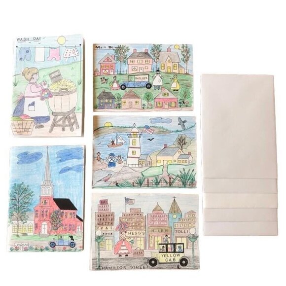 Set Of 5 Vintage Original Blank Cards Nostalgic Americana Folk Art  With Envelop - Picture 1 of 9